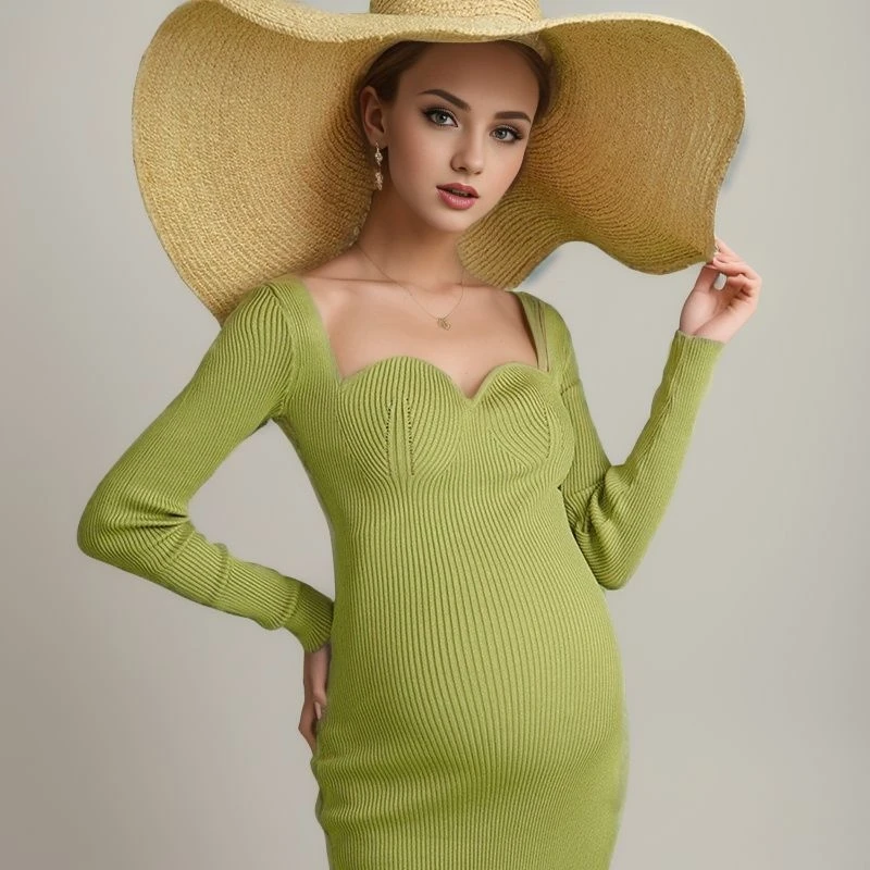 Pregnant Women Green Dresses Fashion Ribbed Knitted Maternity Bodycorn Photoshoot Dress Premama Midi Sweater Dresses Big Hat Set