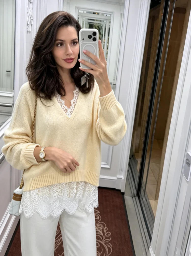 Autumn New Solid Loose Lace Patchwork Knitted Sweater Women Elegant V-neck Full Sleeve Pullovers Tops Chic Women Knitwear 2026