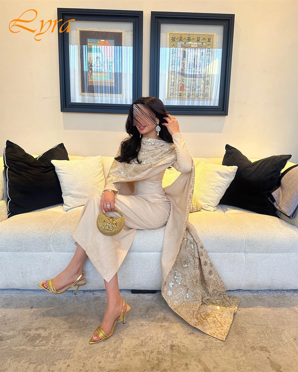 Customized O-Neck Long Sleeves Jersey Sheath Straight Evening Dress Exquisite Shawl Party Dresses Special Occasion Gowns