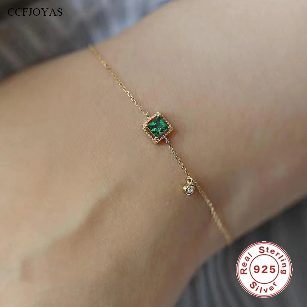 CCFJOYAS 925 Sterling Silver Geometric Square Emerald Zircon Bracelet Simple INS Gold Silver color Women Chain Bracelet Jewelry