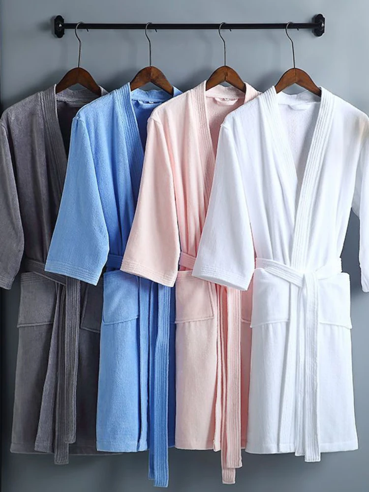 Women Towel Bathrobe 100%Cotton Long Thick Absorbent Terry Bath Robe Kimono Men LightWeight Waffle Solid Dressing Gown Sleepwear