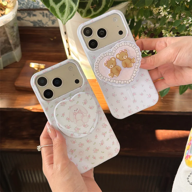 

Cute Kawaii Pink Floral Phone Case For iPhone 17 16 15 14 Pro Max Magnetic Bunny Bear Heart Shape Grip Stand Protective Cover fo