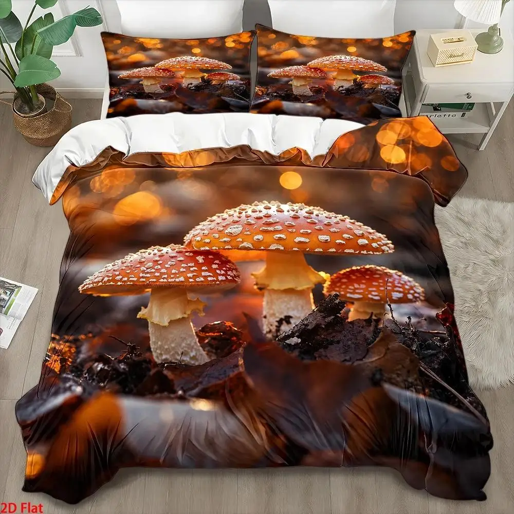 3Pc Mushroom Print Quilt Cover Set, Three-Piece Bedding Set (1*Quilt Cover + 2*Pillowcases), Nordic Style Double Bedding, Quilted Duvet Cover + Invisible Zipper, Soft, Skin-Friendly, Breathable, Suitable for All Seasons, Modern Minimalist Light Luxury Bedroom Decor, Easy to Clean, Durable, Wrinkle-Resistant, Machine Washable, Suitable for Student Dormitories, Home Master Bedroom, Guest Room, Cozy Home Large Bed Cover Set, 3Pcs Bedding Set Combination 2D Flat Print