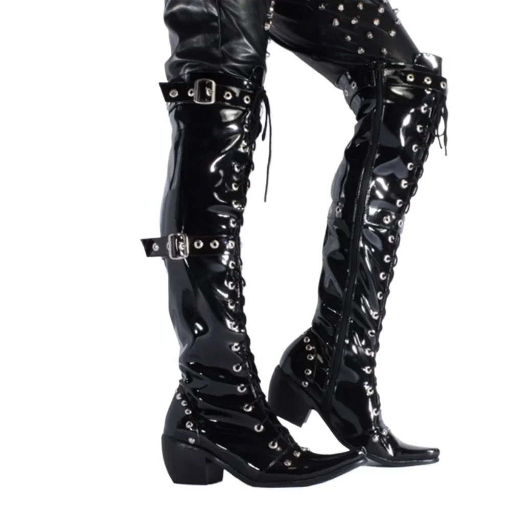 Men's High Heels Stage Perform Rivet Over-the-Knee Boots Buckle Strap Thick Heel Pointed Toe Western Cowboy Boots Dress Shoes