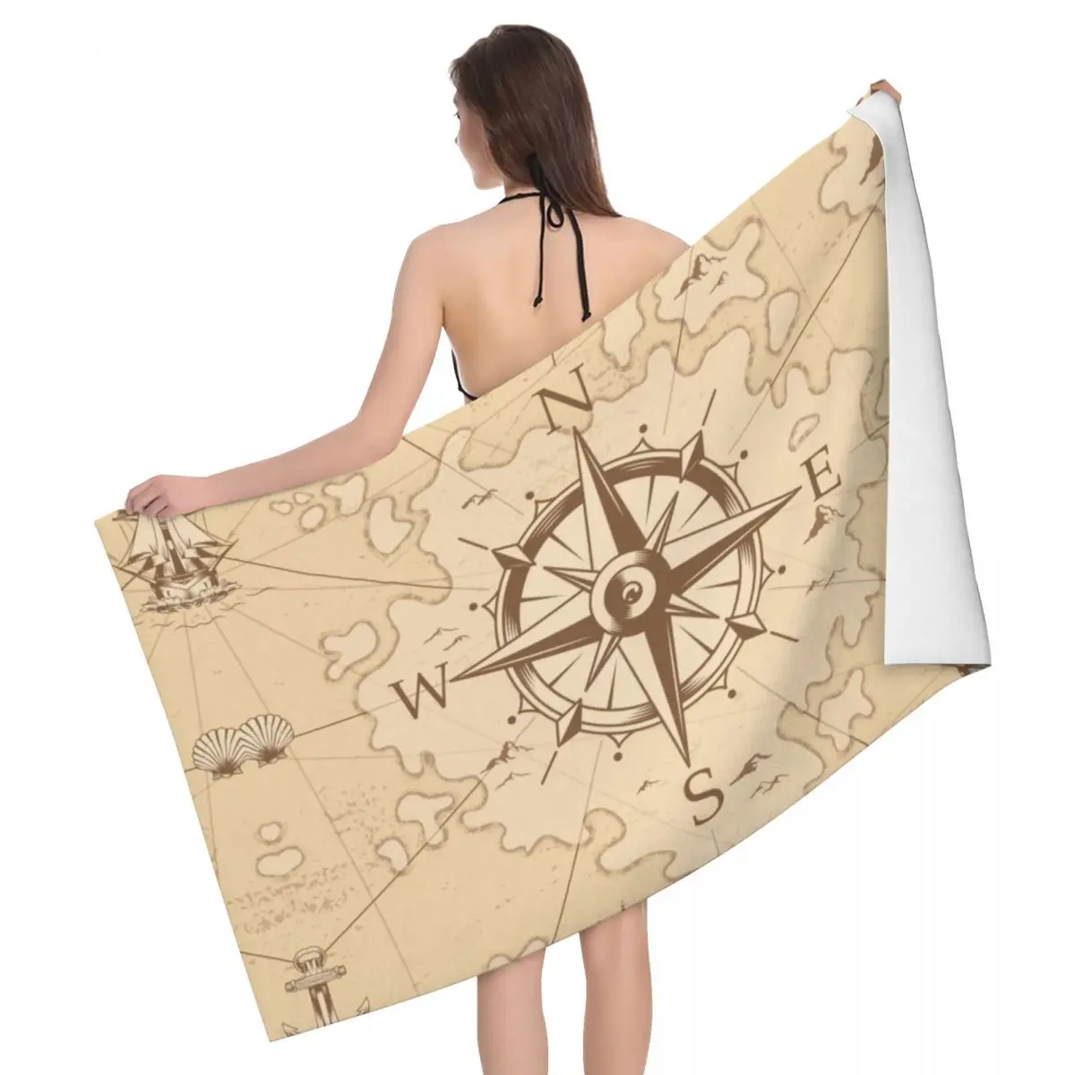 

Vintage Pirate's Map Beach Towel Quick Drying Nautical Compass Sailor Soft Linen Microfiber Shower Sauna Towels