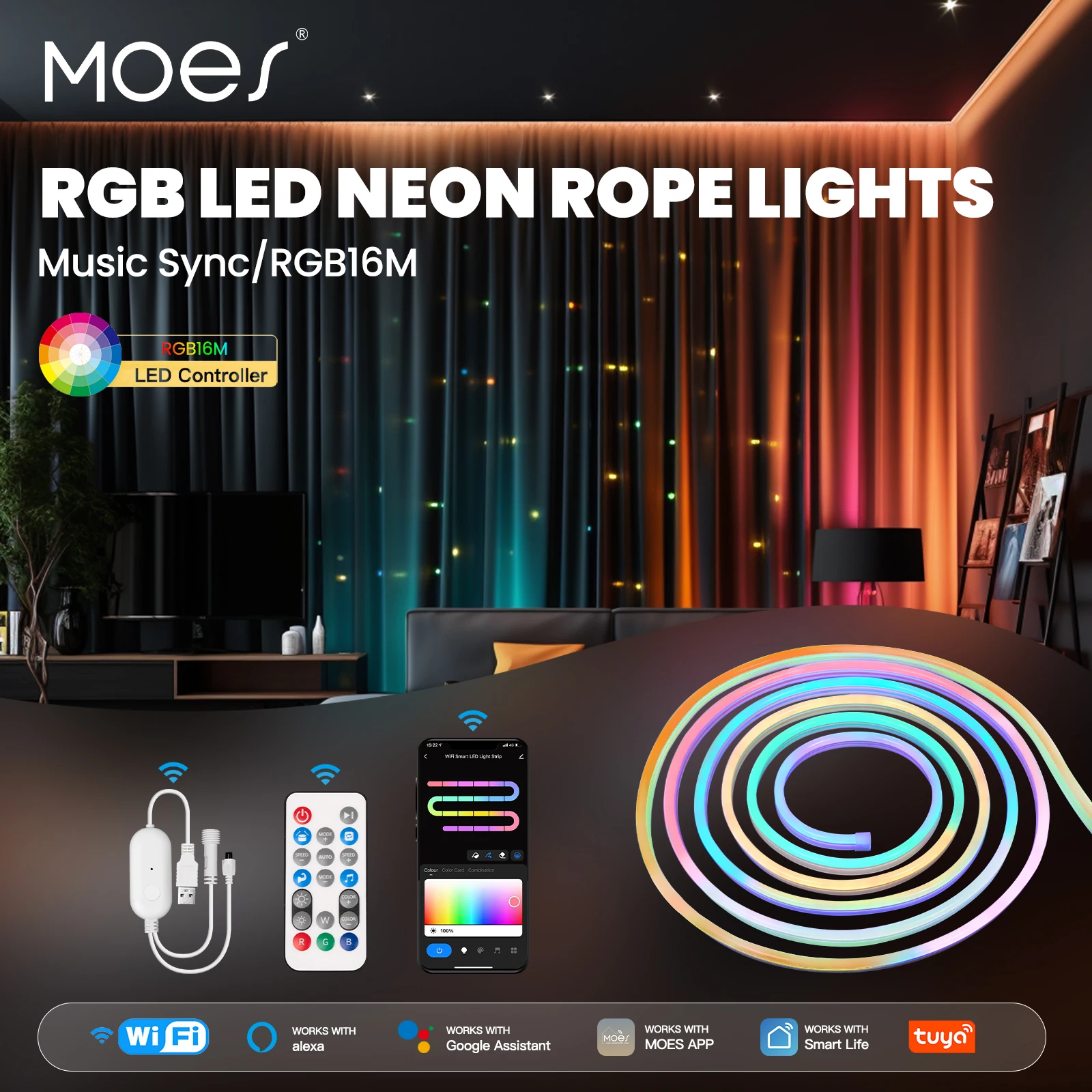 MOES Wifi Smart Neon LED Light Strip 16 Million RGB Color Rope Lamp for TV Backlight, party Decor Work with Alexa Google Home