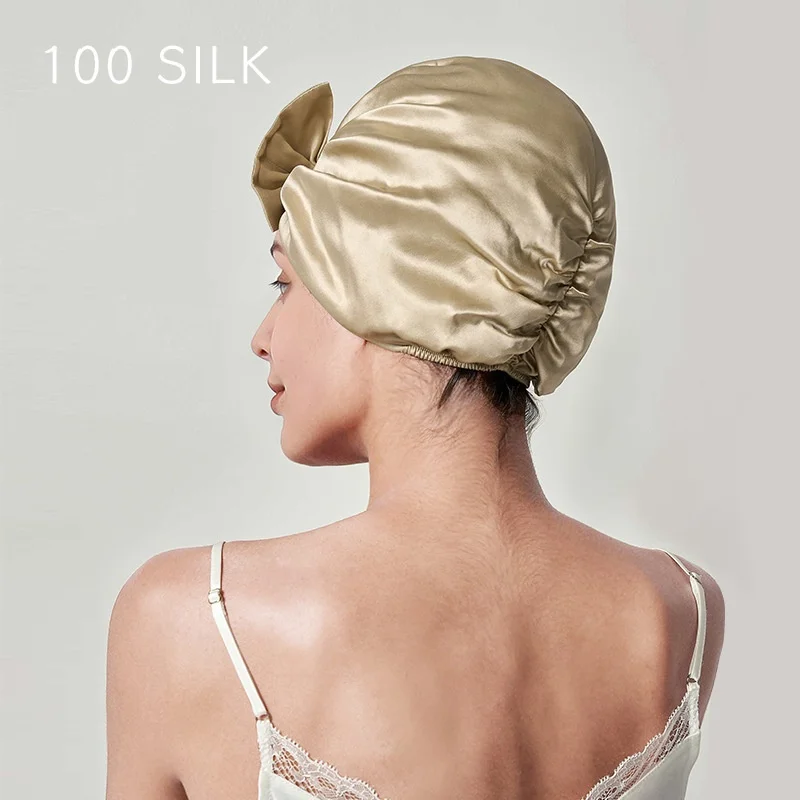 Birdtree, OEKO-TEX,  19MM 100% Real Silk Bonnets, Female Solid Sleeping Night Wrap Cap, For Curly Ladies, Black, White T62901JF