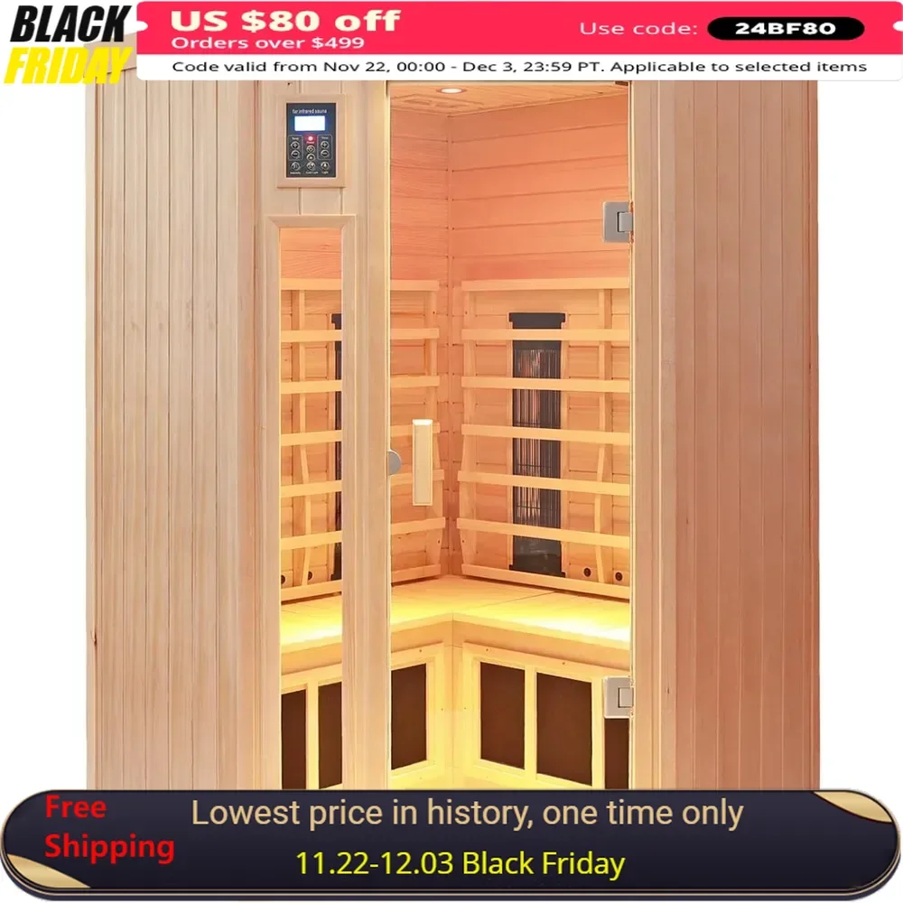 

2-3 Person Infrared Saunas for Home Low EMF Indoor Home Sauna Spa Hemlock Wooden Corner Sauna Room with Bluetooth Speakers