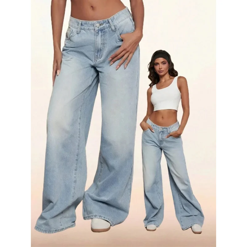

American Style New Floor-Length Jeans for Women Low Waist Wide Leg Pants Vintage Washed Blue Slimming Magic Pants Spring