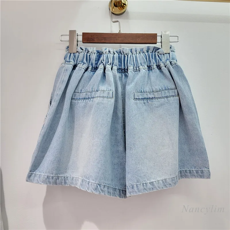 2024 Summer European Goods New Heavy Industry Bow Color Diamond Beaded High Waist Slimming Wide-Leg Denim Shorts for Women