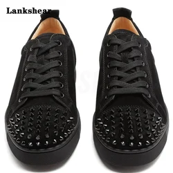 Men Suede Flat Cool Rivets Lace-Up Sneakers Newest Round Toe Black Red Blue Green Grey Studs Causal Flat Shoes Work Shoes