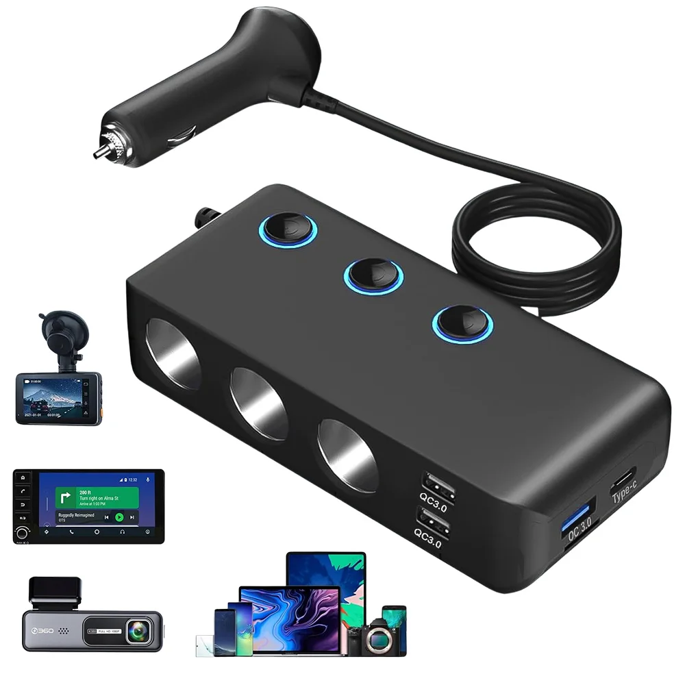Adapter zasilania samochodowego 120W 24V 12V z rozdzielaczem, portami zapalniczki, ładowarkami USB 3.0, gniazdem Type-C, przełącznikiem, bezpiecznikiem i akcesoriami.