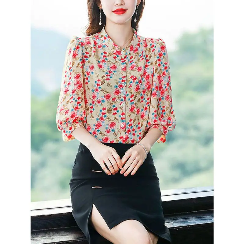 Fashion Women Blouses 2023 Summer Clothes Multi-element Printing Crew Neck Patchwork Button Half Sleeve Open Stitch Loose Shirt