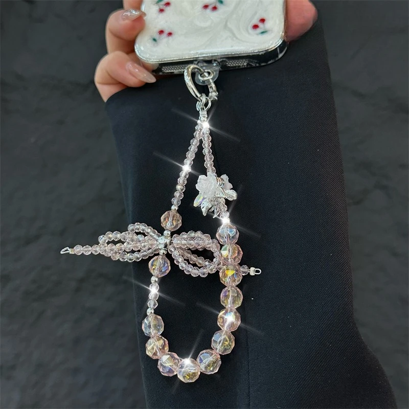 

Transparent Bow Crystal Mobile Phone Chain Fashionable Niche Women's High-end Bag Keychain Pendant Mobile Phone Case Pendant