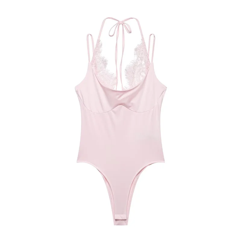 Damen Bodysuits 2026 Neuer Sommer Spitze Patchwork Slim Jumpsuit Mode Sexy Rückenfreier Urlaubs-Damen-Bodysuit Top