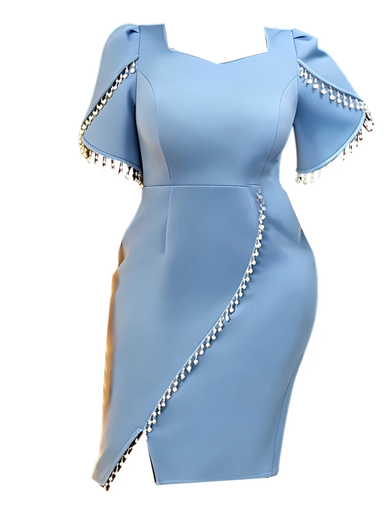 Elegant African Large Size Women's Dress Fashionable Pearl Split Square Collar One Step Skirt High Waist Short Sleeve Bodycon