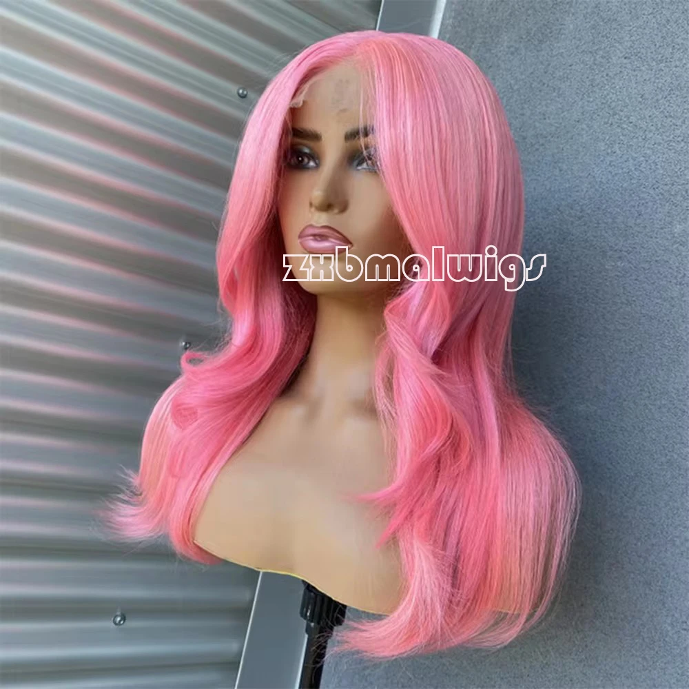 Peruca dianteira do laço do cabelo sintético para mulheres, onda rosa do corpo, sem cola, pré-arrancada, cosplay diário, fibra resistente ao calor