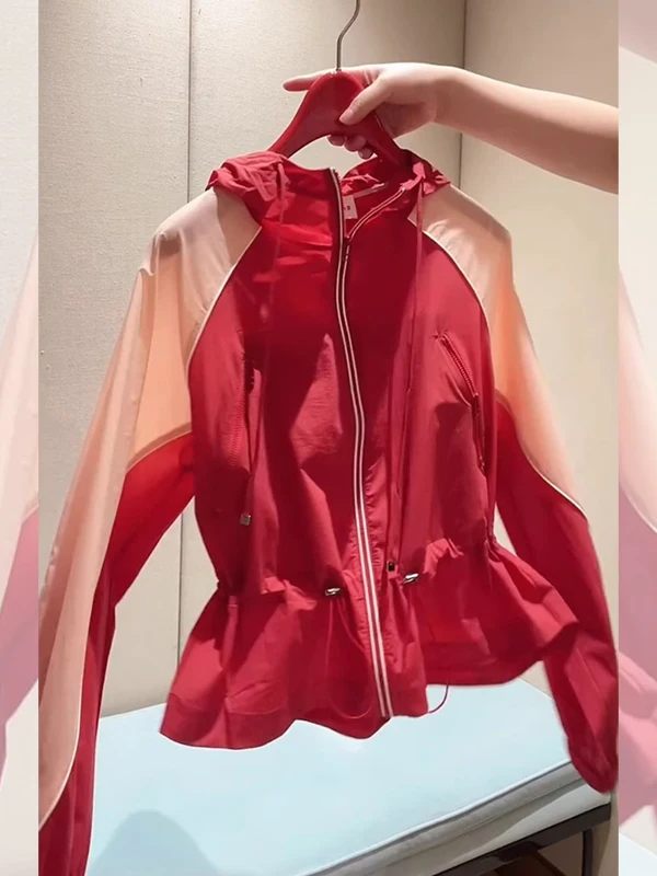 

Color Block Short Hooded Waist Cinching Women's Sun Protection Outerwear Jacket Casual Spring New European Design Sense