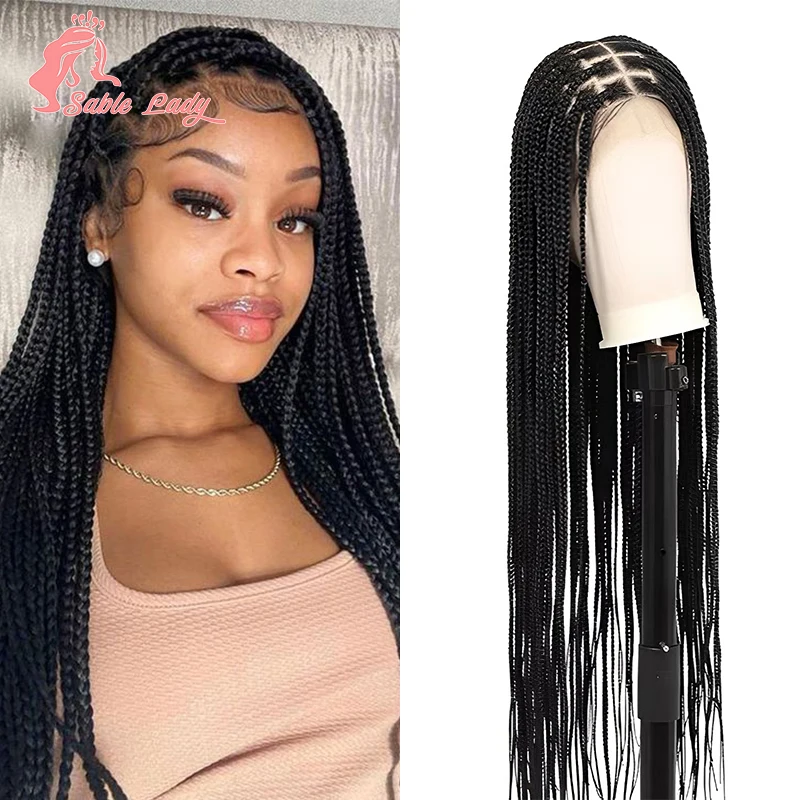 Perruques tressées synthétiques pour femmes noires, tresses Cornrow, sans nœud, grande boîte, pleine dentelle, perruque de cheveux, 36"