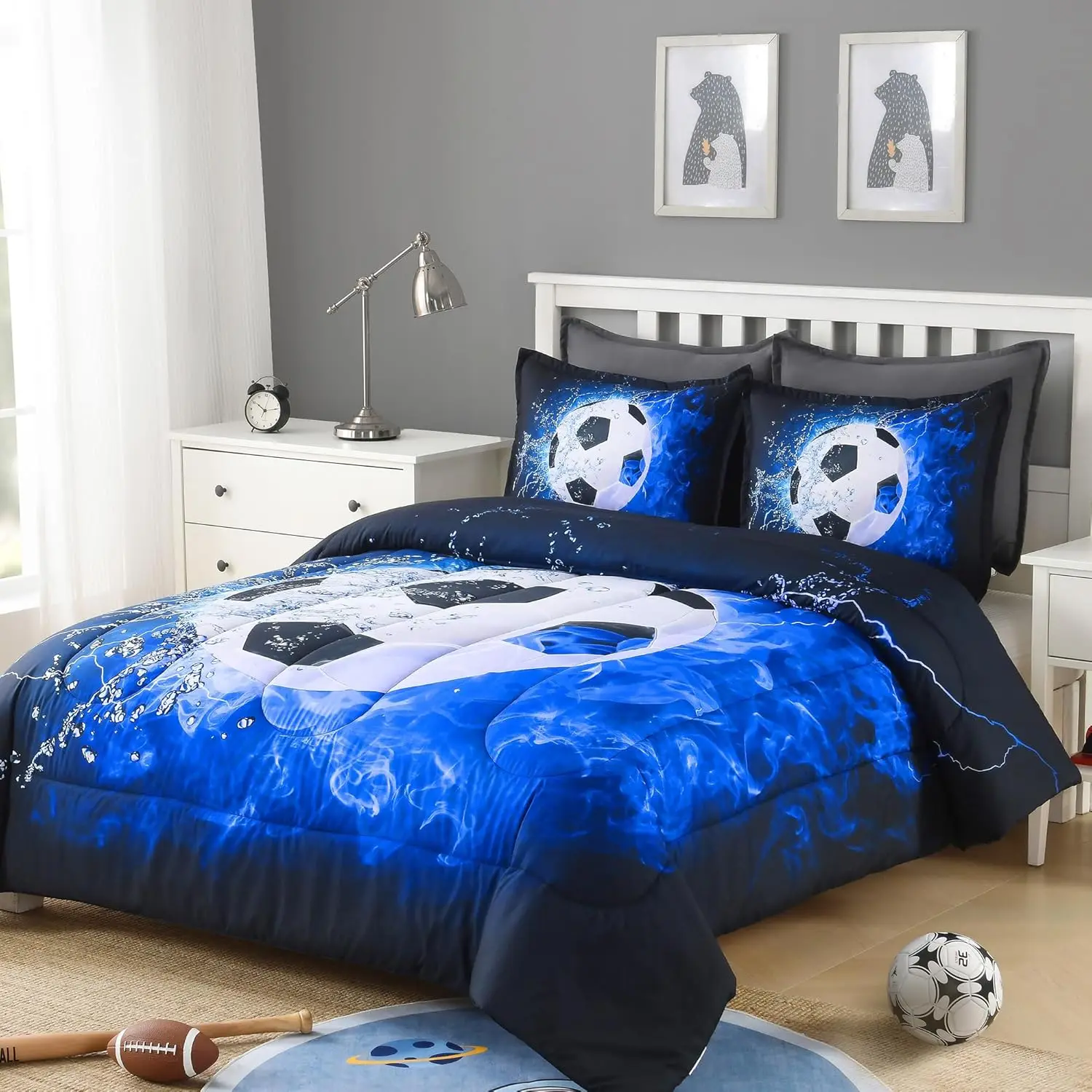 3D Soccer Bedding set 3 Pieces(1 Soccer duvet cover, 2 Pillowcases) Sport Microfiber Bedding Set for Boys Kids Teens
