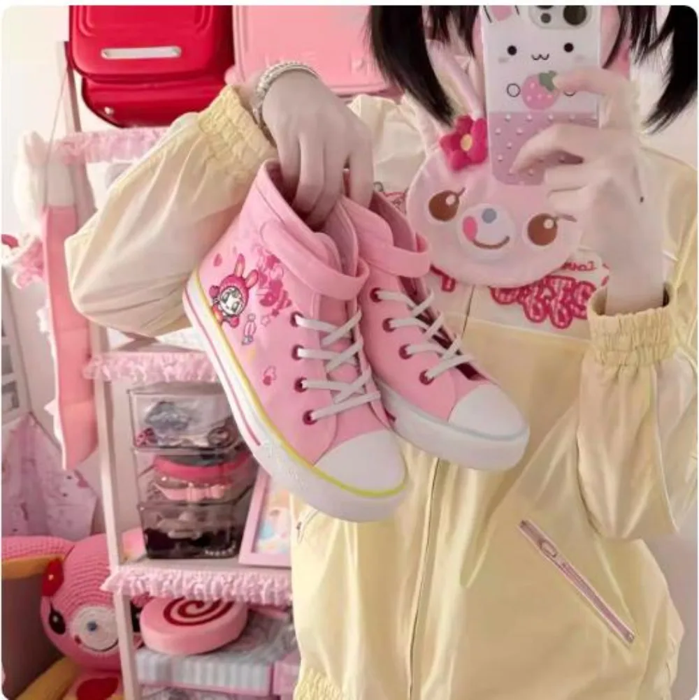 Japanese Cartoon Mp Embroidery Cute Pink Canvas Shoes Spring New All Match Sweet Girl Jojifuku Denim Shoes Y2k Accessories