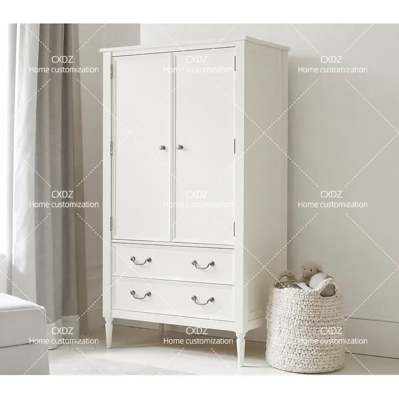 Rural Style All Solid Wood Two Door White Wardrobe Custom Storage Cabinet Locker Furniture