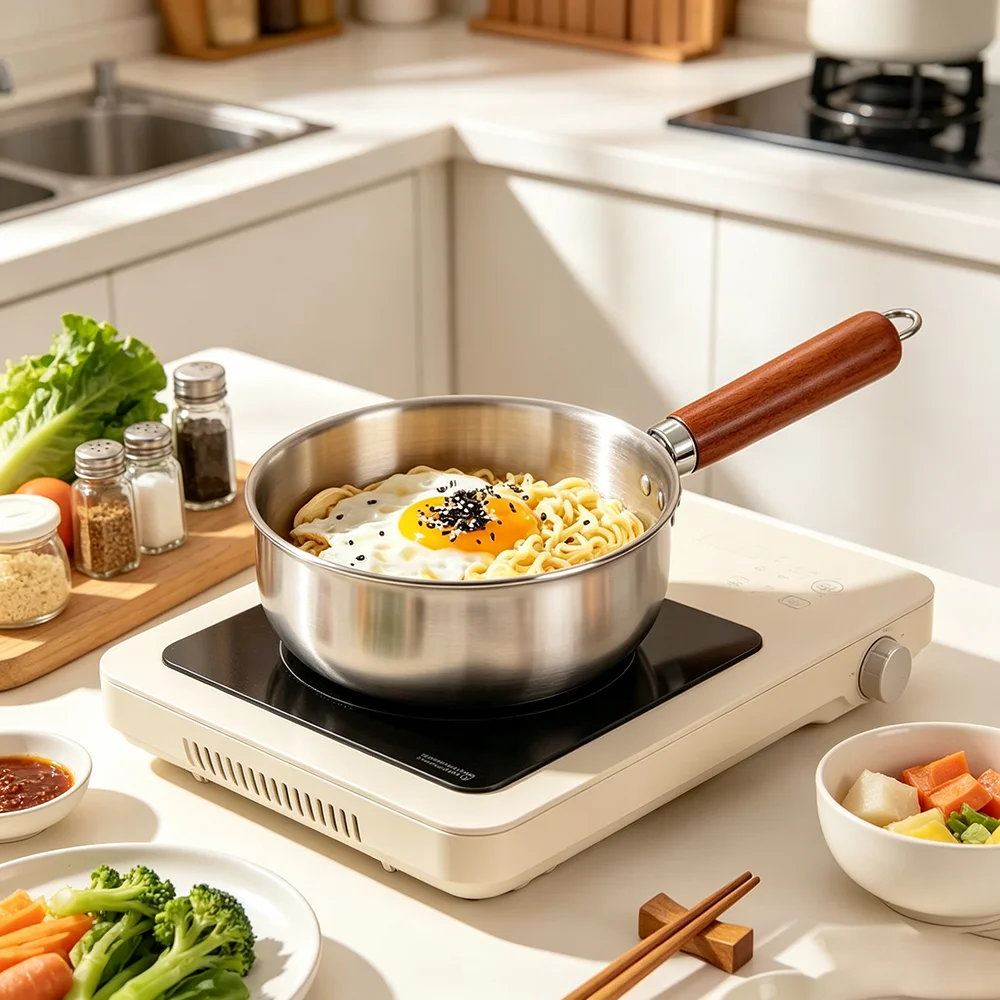 1pc Stainless Steel Instant Noodle Bowl, Detachable Handle Small Pot for 1 Person,Ramen Egg Salad Bowl with Walnut Wood,Egg Bowl