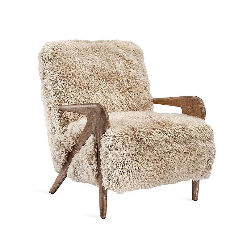 

ej- Style Modern Solid Wood Leisure Armchair Lamb Wool Cushion Handmade Eco-Friendly Soft Hotel Living Room Bedroom Furniture*