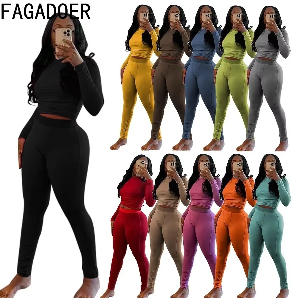 FAGADOER Otoño Invierno nuevo acanalado conjuntos de 2 piezas conjunto de mujer sólido Top corto de manga larga + Leggings de cintura alta trajes ropa deportiva