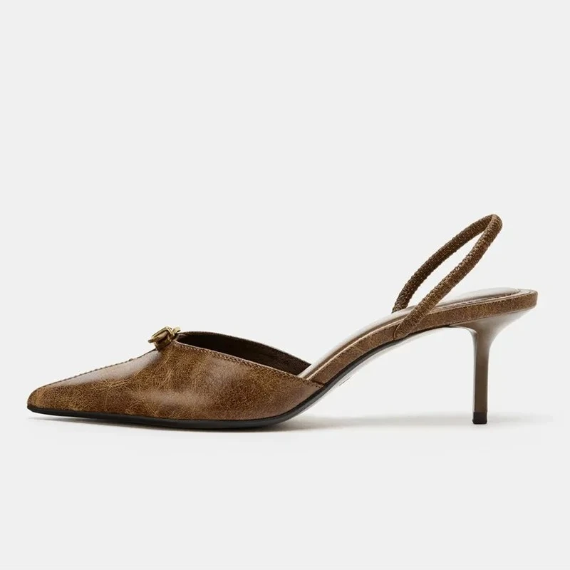 المصممين الفاخرة عالية الكعب للنساء فريدة من نوعها مشبك معدني مجوف تزيين رقيقة صنادل عالية الكعب خمر البني Zapatos De Mujer #2