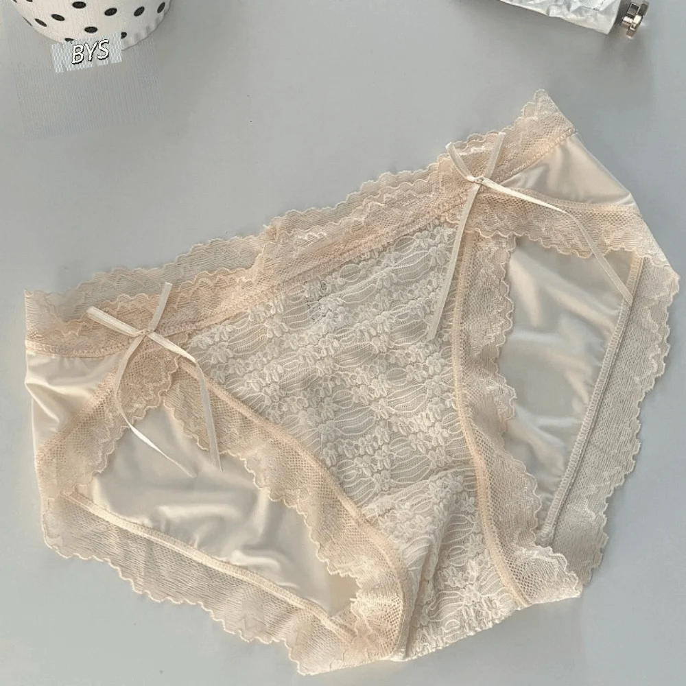 

Soft Low Waist Lace Panties Ice Silk Bow Mesh Lace Briefs Lingerie Underwear for Women Comfortable