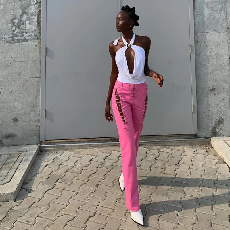 Pantalon en cuir ajouré pour femmes, élégant, Slim Fit, crayon, à lacets, taille haute, épissure, solide, Bandage, Streetwear, poche