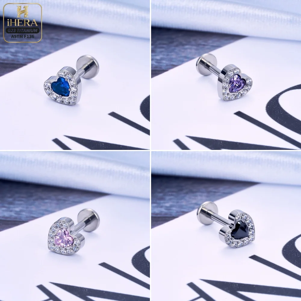 Heart Triangle G23 Titanium Bling Paved CZ Internally Threaded Flat Back Labret Studs Lip Ear Lobe Cartilage Jewelry Lot