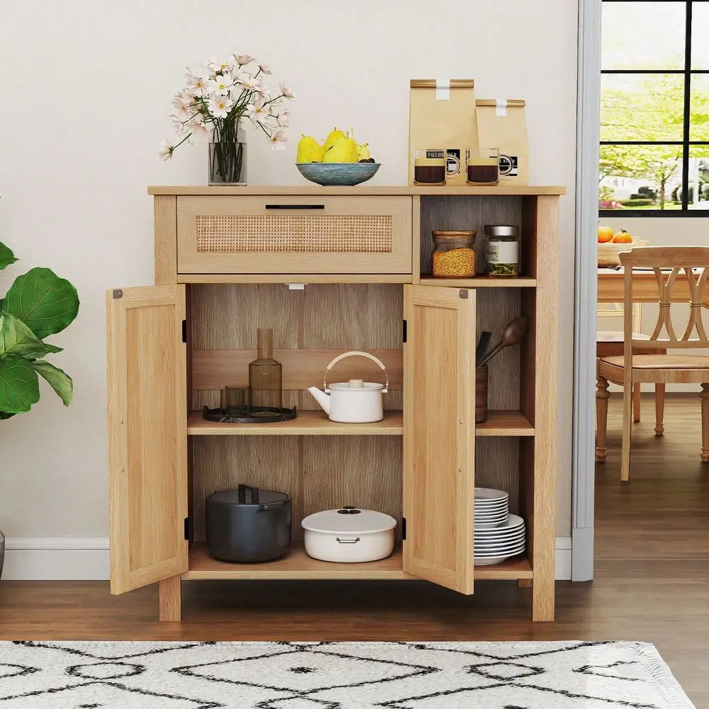

Sideboard W Rattan Woven Doors Drawer Adjustable Shelf Open Cubbies