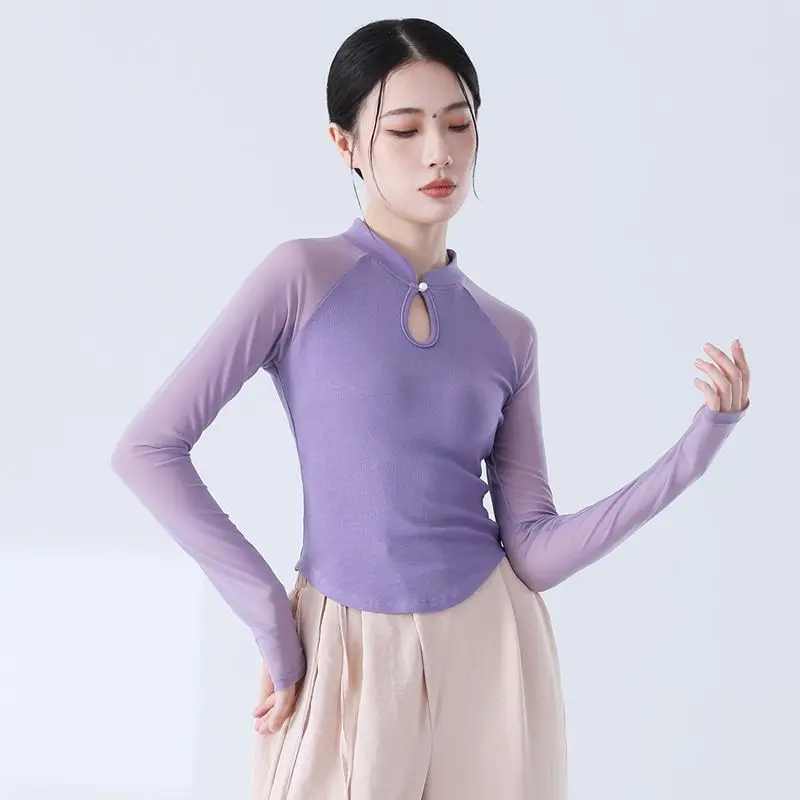 Slim Fit Spliced Mesh Top Dancewear Long Sleeve Mid-Length Sleeve T-shirt Performance Wear Korean Chic Practice Clothes Women