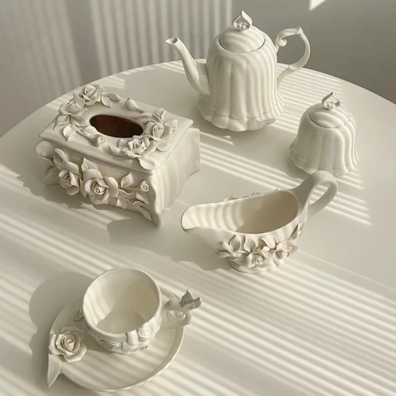 

Vintage relief ceramic coffee set, hand-squeezed camellia afternoon tea set, tissue box, creative gift.