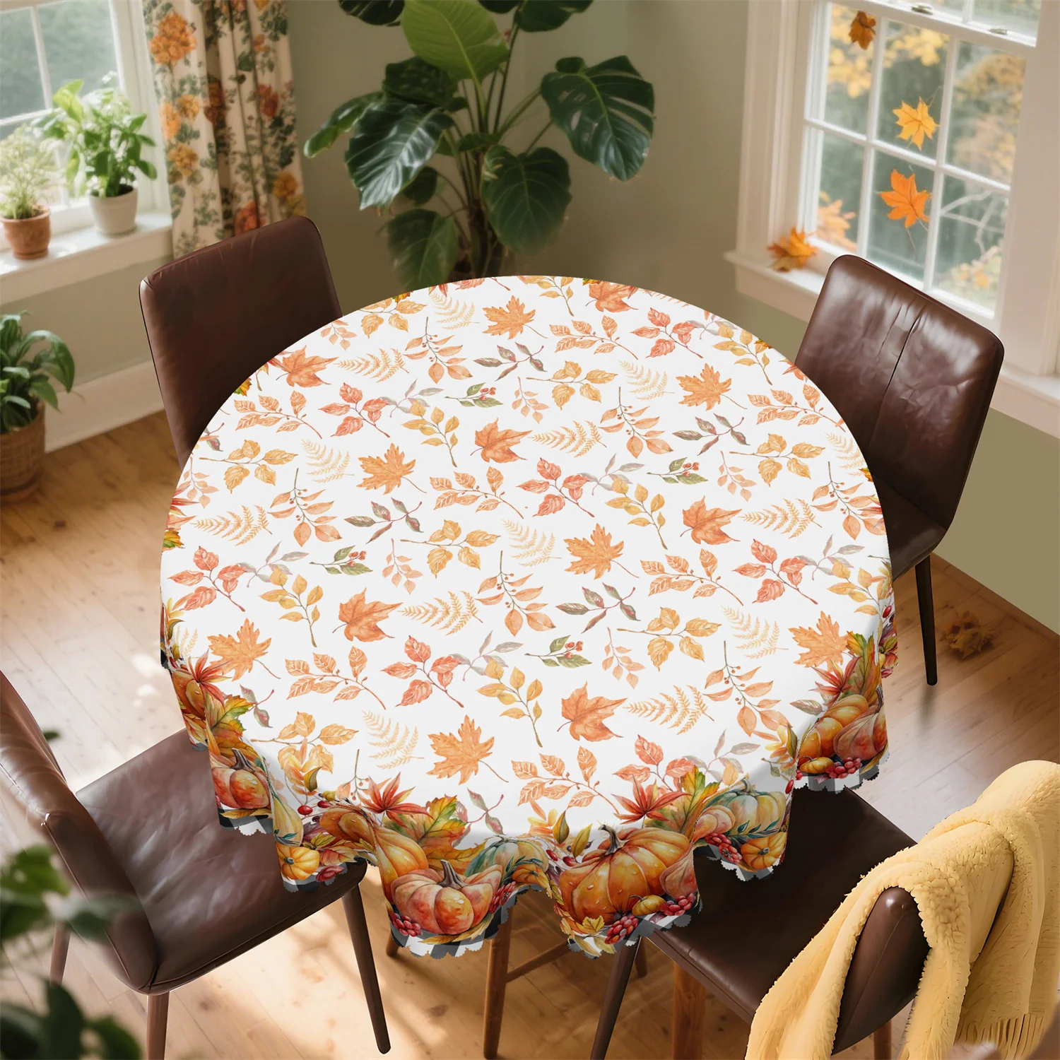 Buffalo check pumpkin smoothie tree branch tablecloth - Washable farmhouse-style autumn harvest decoration,kdj