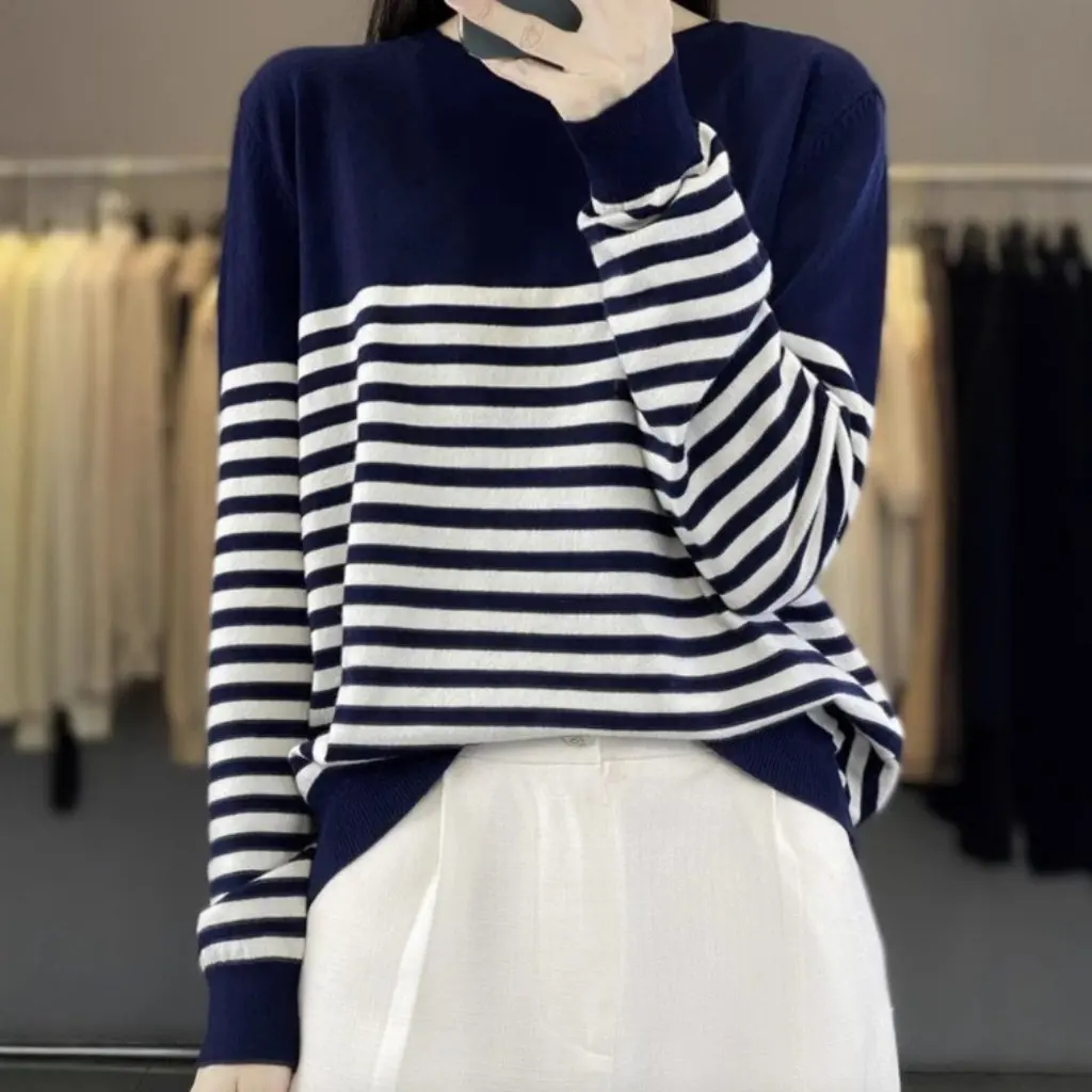 

Women's Spring Autumn round Neck Faux Cashmere Knitted Top Loose Fit Color-Matched Navy Striped Base Shirt Casual Lazy Style