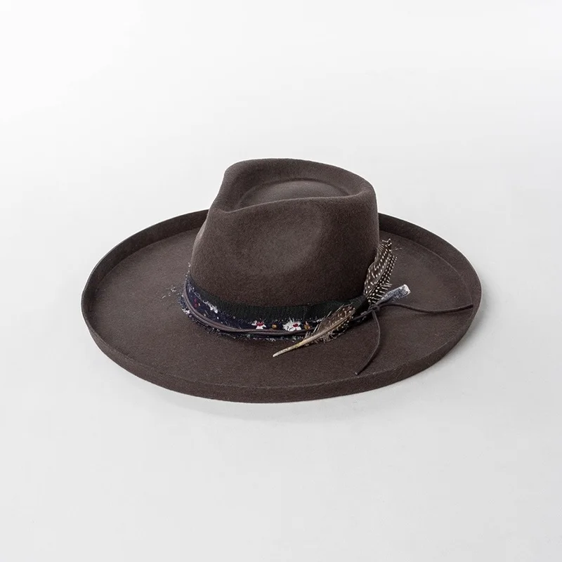 Pencil Brim Fedora Hats, 100% Wool Felt Hat Floral fabric, Webbing And Feather Decoration Upturned Edge Panama Rancher Hat