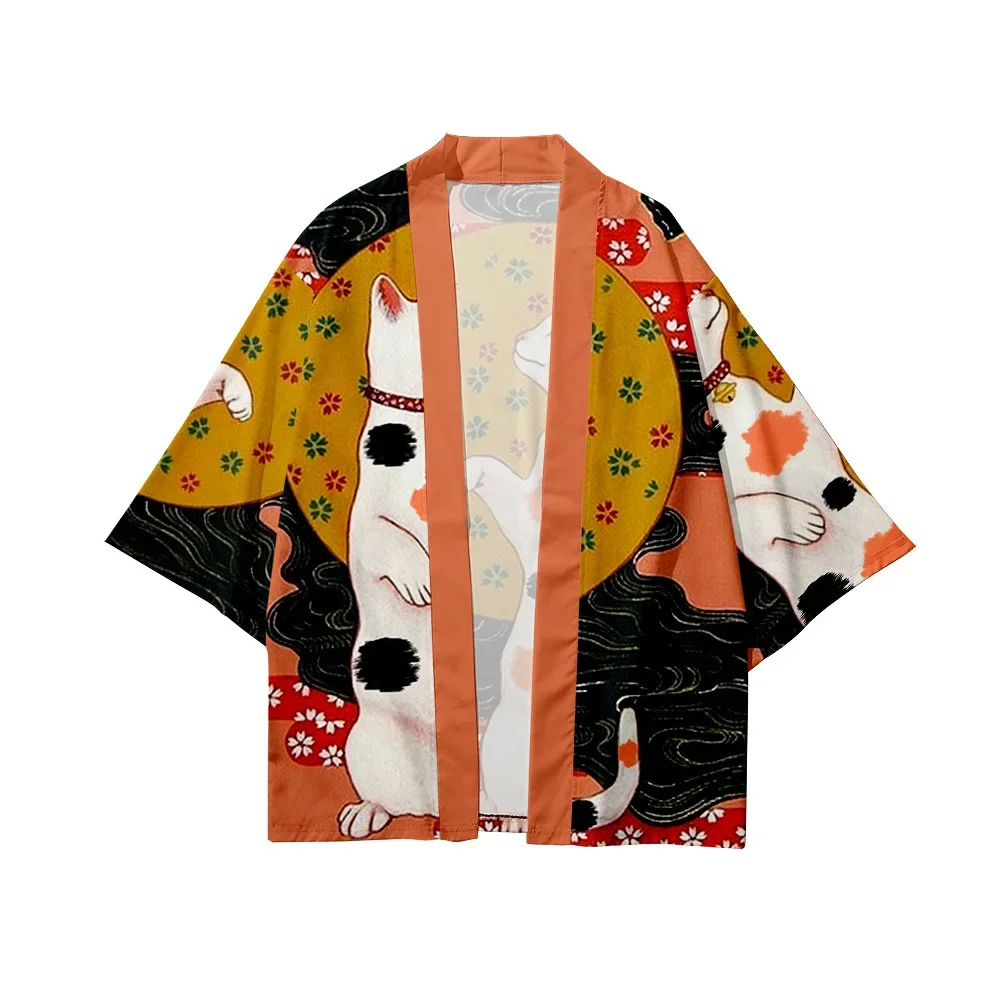 Homens e Mulheres Haori Kimono, Cardigan, Demon, Samurai Cat Print Camisa, Roupa Tradicional, Harajuku, Japonês, Praia, Yukata, Streetwear, Top