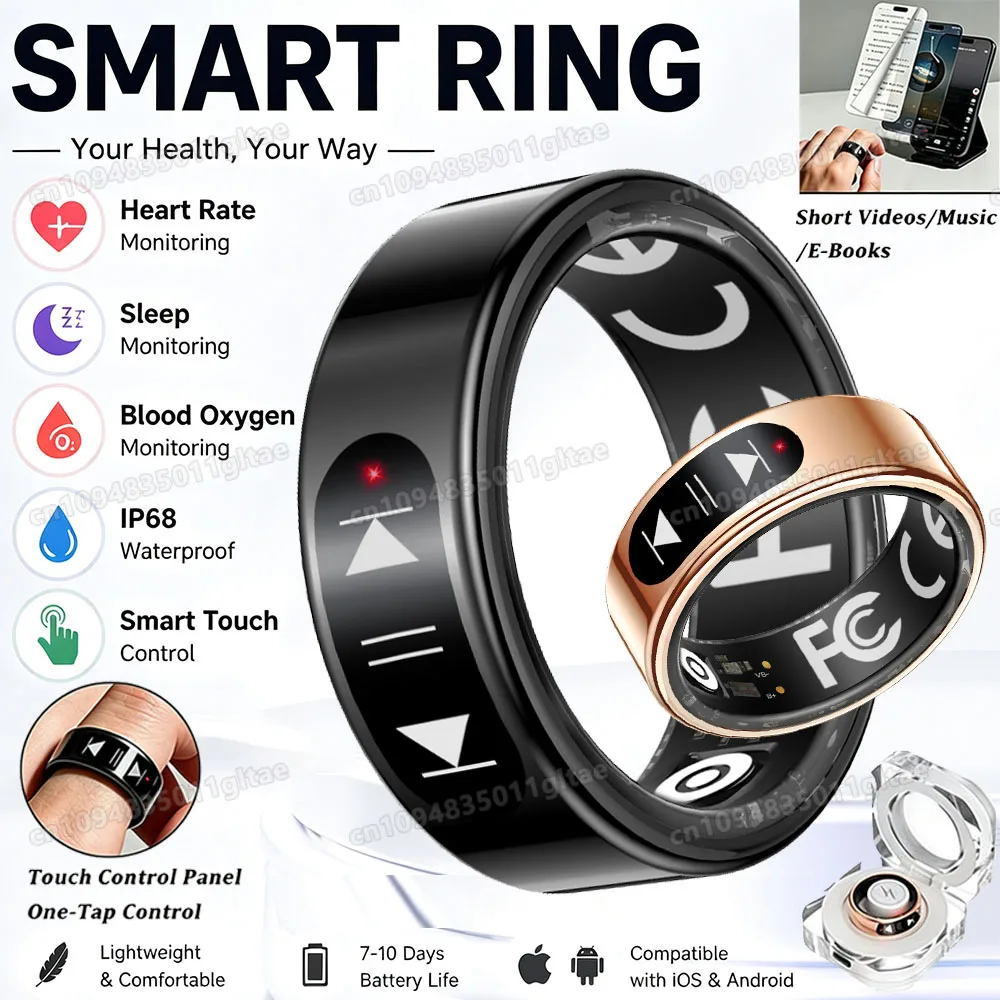 Anillo Inteligente con Controles de Video, Deslizar hacia arriba/bajo para pasar páginas, Controles de Música, Monitor de Frecuencia Cardíaca y Oxígeno en Sangre, Anillos Resistentes al Agua 5ATM HT30
