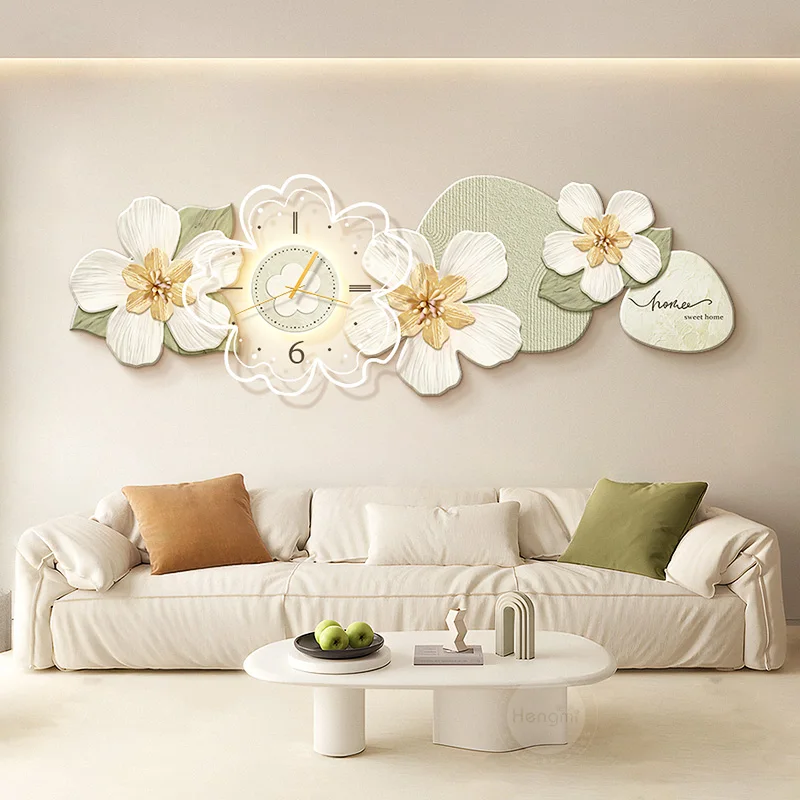 Cream Wind Living Room LED Light Painting Abstract Texture Painting Art Flower Mural Lamp with Clock Painting Sofa Background WA