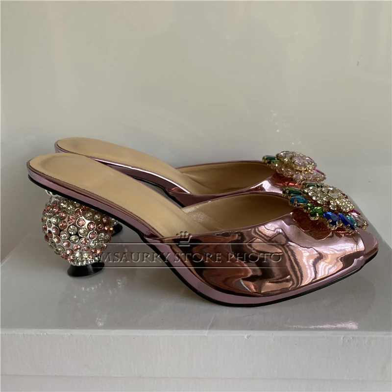 Colorful Rhinestone Buckle Modern Sandals Women Diamond Crystal Spherical Heel Luxury Patent Leather Slingbacks Summer Mules