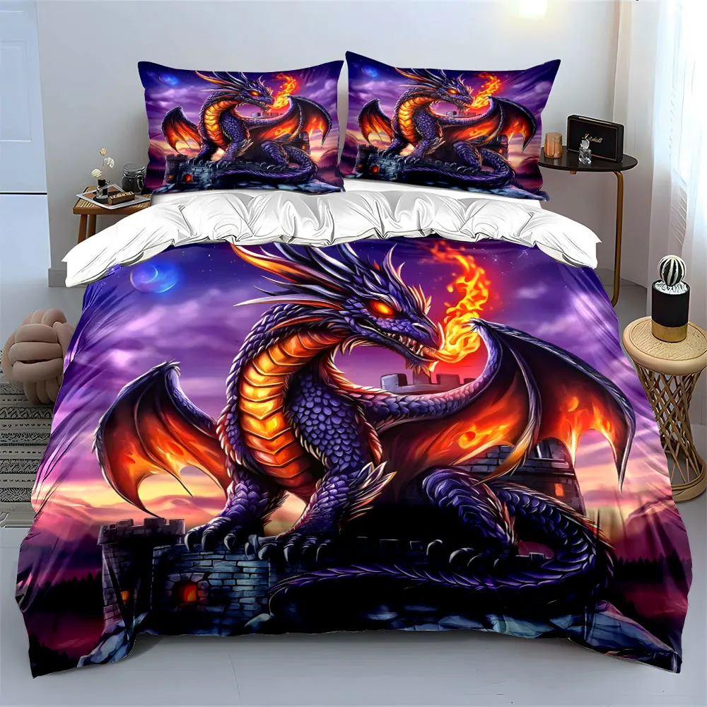 Purple dragon breathes fire on tower Print Bedding Set 1 Duvet Cover 2 Pillowcases for Adult and Children Luxury Gift Full Size