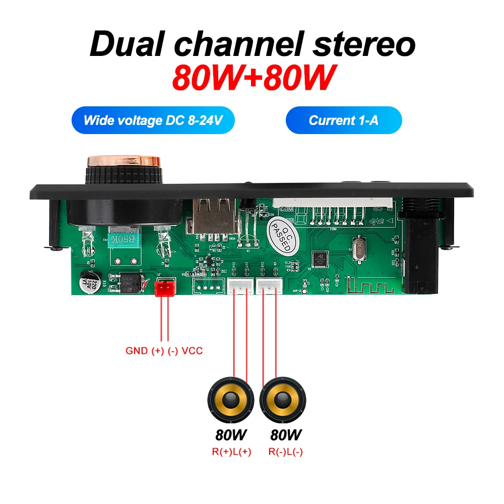 160W DIY Home Digital Amplifier MP3 Decoder Board 12V 2*80W Audio Power 6.5mm Microphone FM Radio TF USB Car Audio Music Player
