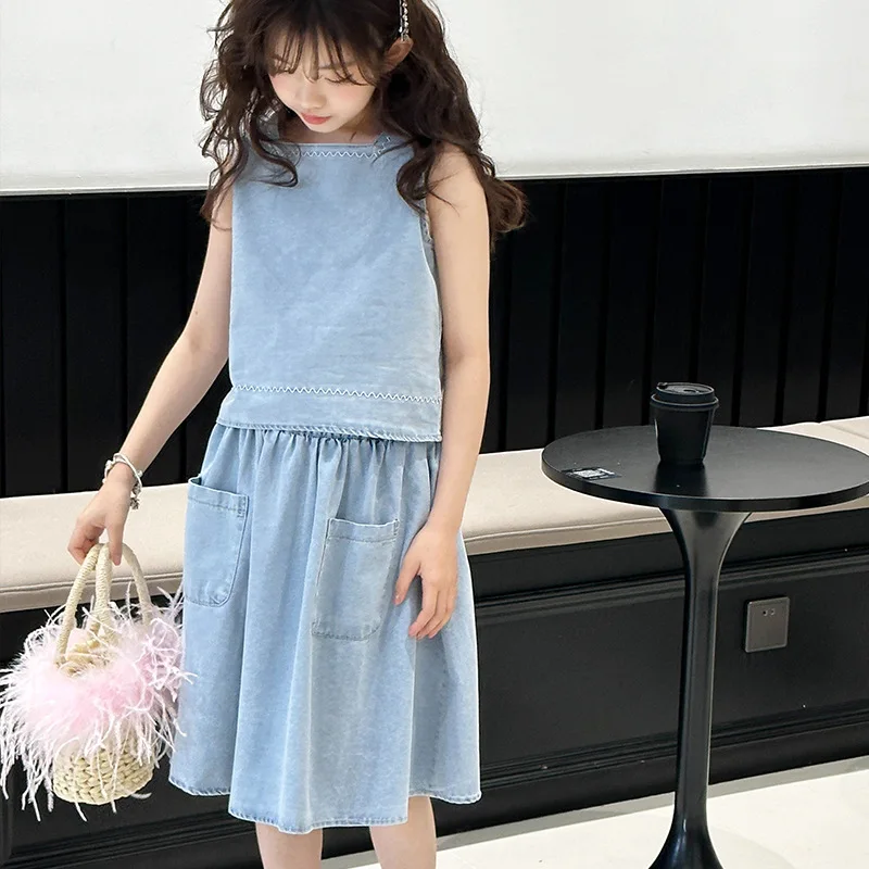 

Girls Suits Summer Suit 2024 New Fashion Children Denim Vest Set Skirt Big Children Clothes Girls Two-piece Set Clothes