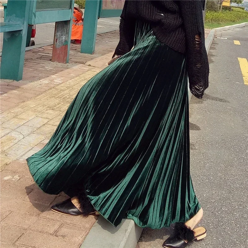 

Winter Warm Velvet Color A-line Maxi Long Velvet Pleated Skirts Autumn Elegant Pleuche Long Ankle-length Skirt