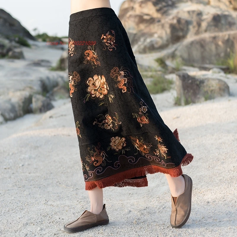 Китайская винтажная юбка 2025 года, традиционная хлопково-льняная жаккардовая юбка с цветочной вышивкой, восточная национальная эластичная поясная народная юбка