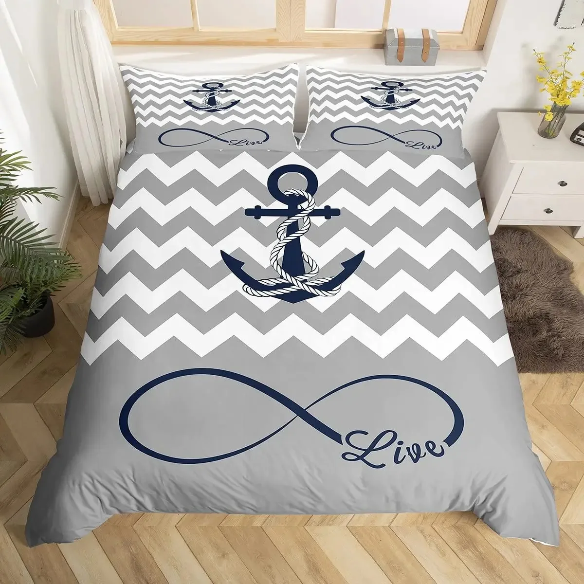 

Nautical Bedding Set Full Size, Sailing Anchor Bed For Boys Teens,Ocea Comforter Cover Soft,Duvet Quilt Cover 1/2 Pillowcases