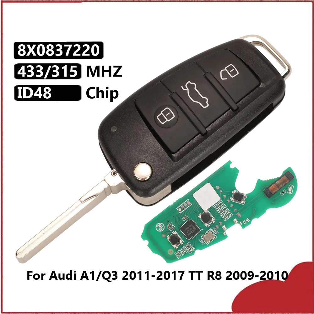 

jingyuqin New 433/315MHZ ID48 Chip 8X0837220/8X0837220D Flip Remote Control Car Key Fob For Audi A1/Q3 2011-2017 TT R8 2009-2010